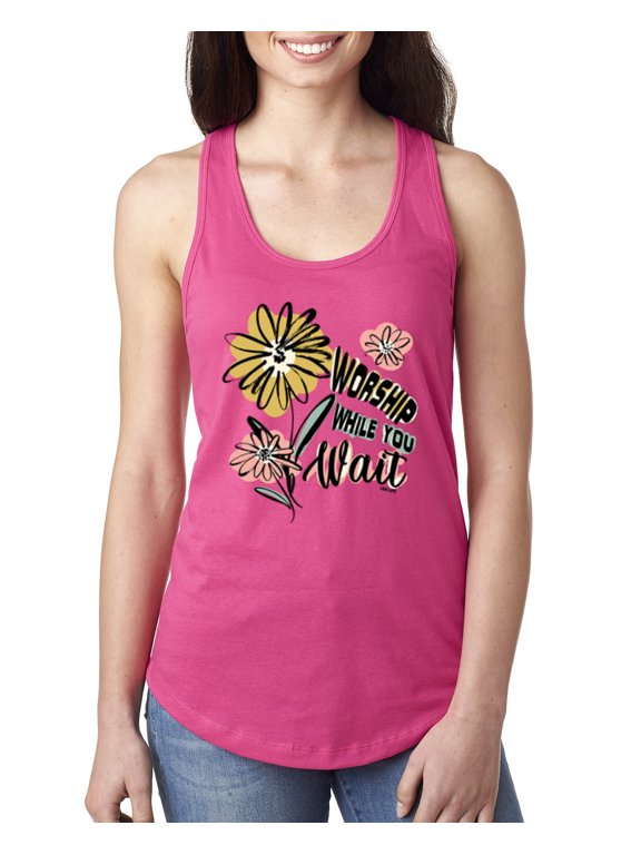 Worship While You Wait Sunflower Pink and Yellow Inspirational/Christian Women Racerback Tank Top, Raspberry, Small
