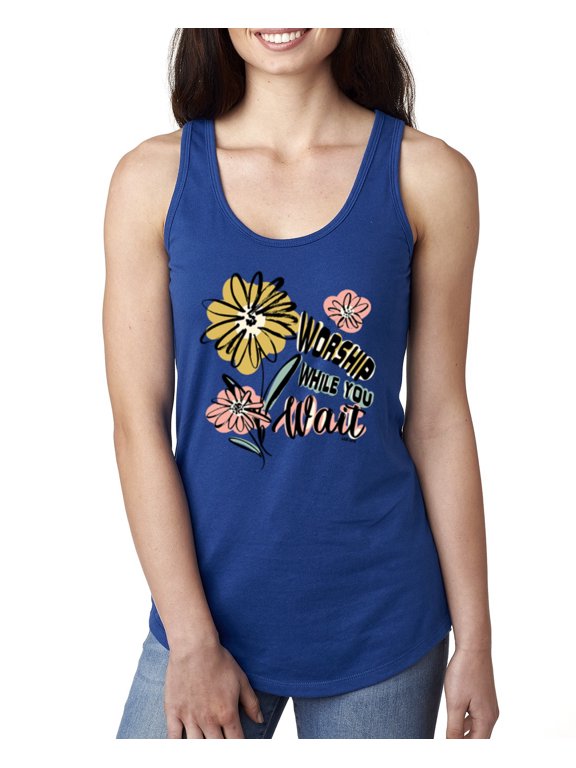 Worship While You Wait Sunflower Pink and Yellow Inspirational/Christian Women Racerback Tank Top, Royal, Small
