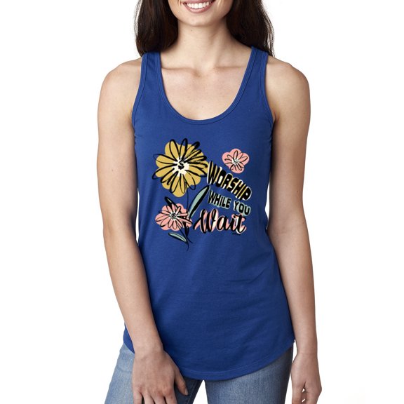 Wild Bobby Worship While You Wait Sunflower Pink and Yellow Inspirational/Christian Women Racerback Tank Top, Royal, X-Large