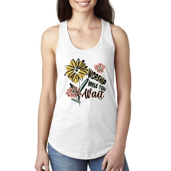 Wild Bobby Worship While You Wait Sunflower Pink and Yellow Inspirational/Christian Women Racerback Tank Top, White, Small