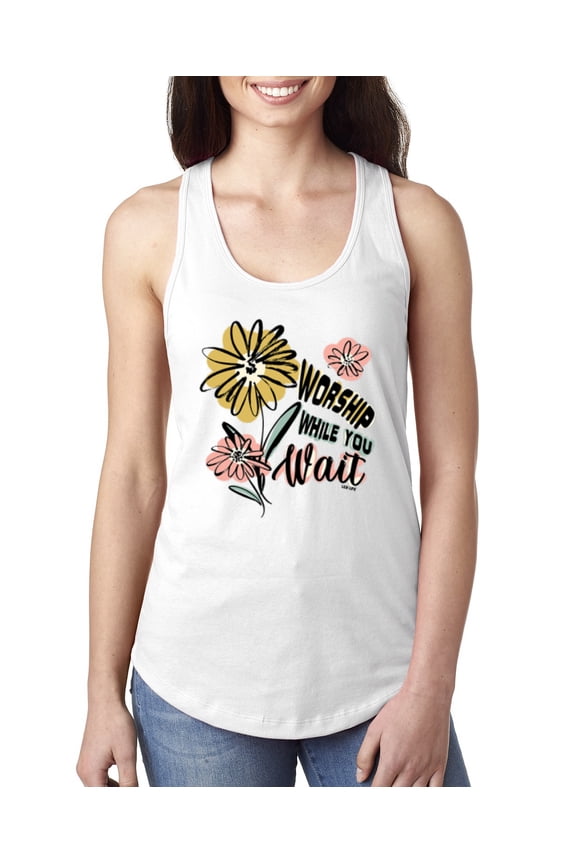 Worship While You Wait Sunflower Pink and Yellow Inspirational/Christian Women Racerback Tank Top, White, X-Large
