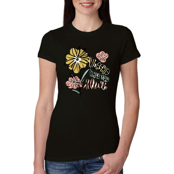 Wild Bobby Worship While You Wait Sunflower Pink and Yellow Inspirational/Christian Women Slim Fit Junior Tee, Black, Small