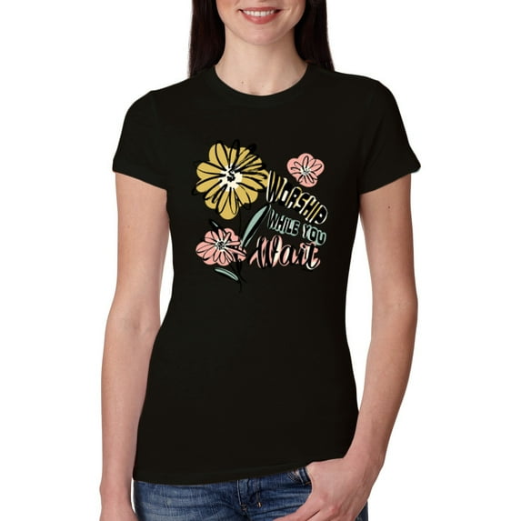 Wild Bobby Worship While You Wait Sunflower Pink and Yellow Inspirational/Christian Women Slim Fit Junior Tee, Black, XX-Large