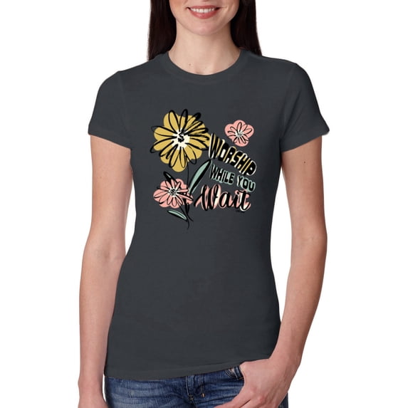 Wild Bobby Worship While You Wait Sunflower Pink and Yellow Inspirational/Christian Women Slim Fit Junior Tee, Dark Grey, Medium