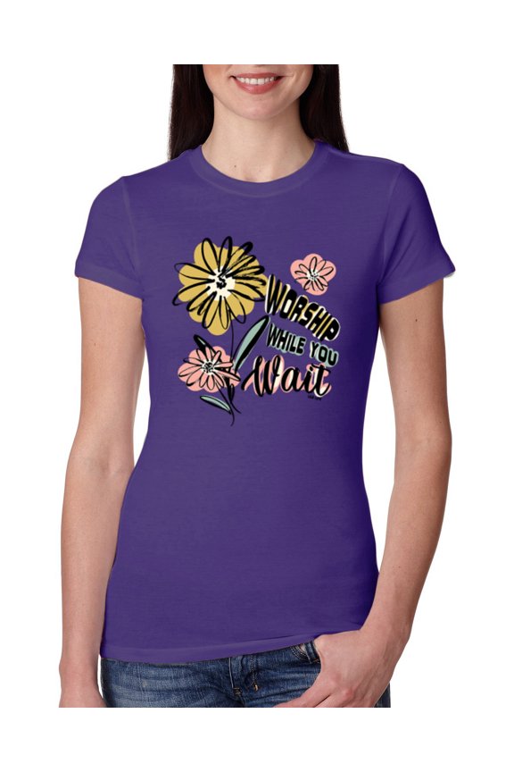 Worship While You Wait Sunflower Pink and Yellow Inspirational/Christian Women Slim Fit Junior Tee, Purple Rush, Medium