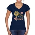 thumbnail image 1 of Wild Bobby Worship While You Wait Sunflower Pink and Yellow Inspirational/Christian Women Standard V-Neck Tee, Navy, X-Large, 1 of 6