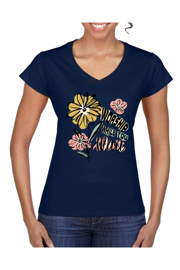 Worship While You Wait Sunflower Pink and Yellow Inspirational/Christian Women Standard V-Neck Tee, Navy, XX-Large