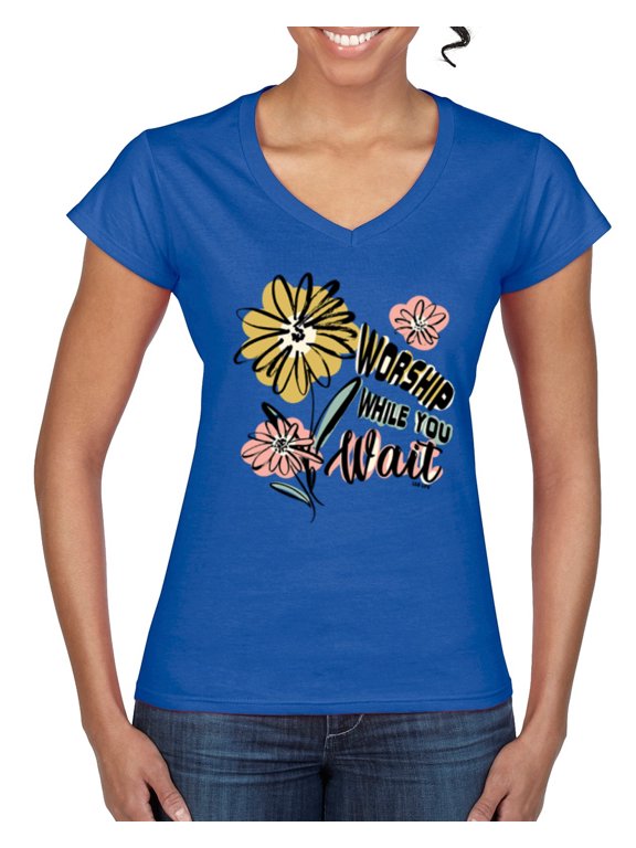 Worship While You Wait Sunflower Pink and Yellow Inspirational/Christian Women Standard V-Neck Tee, Royal, X-Large