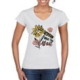 thumbnail image 1 of Wild Bobby Worship While You Wait Sunflower Pink and Yellow Inspirational/Christian Women Standard V-Neck Tee, White, Medium, 1 of 6