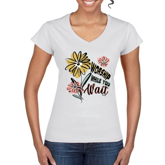Wild Bobby Worship While You Wait Sunflower Pink and Yellow Inspirational/Christian Women Standard V-Neck Tee, White, Medium