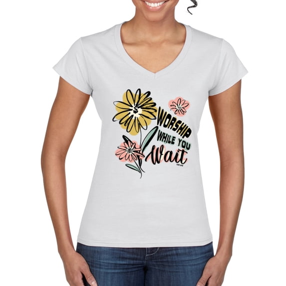 Wild Bobby Worship While You Wait Sunflower Pink and Yellow Inspirational/Christian Women Standard V-Neck Tee, White, XX-Large