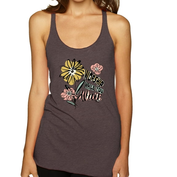 Wild Bobby Worship While You Wait Sunflower Pink and Yellow Inspirational/Christian Women Tri-Blend Racerback Tank Top, Brown, X-Large