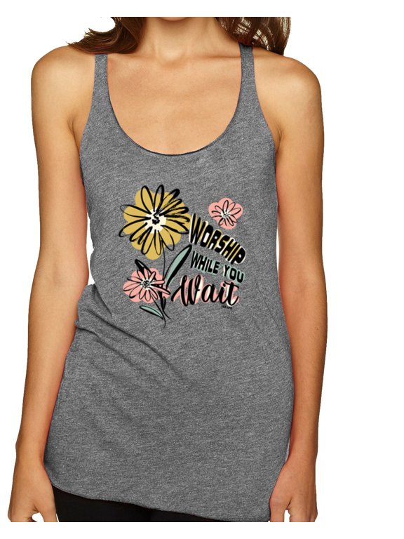 Worship While You Wait Sunflower Pink and Yellow Inspirational/Christian Women Tri-Blend Racerback Tank Top, Premium Heather, Small