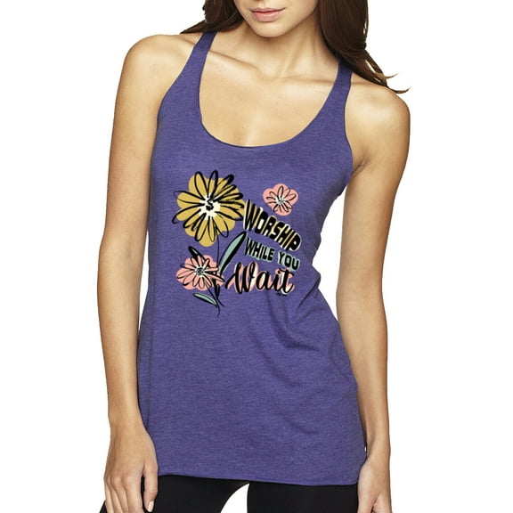 Wild Bobby Worship While You Wait Sunflower Pink and Yellow Inspirational/Christian Women Tri-Blend Racerback Tank Top, Purple Rush, Medium