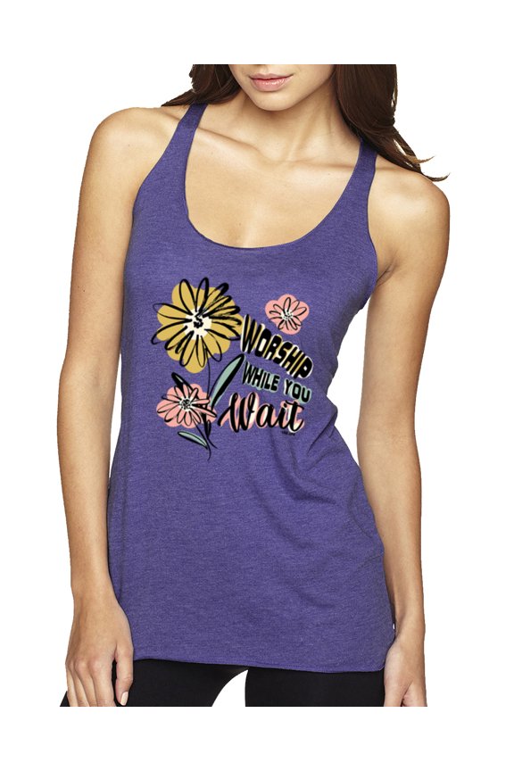 Worship While You Wait Sunflower Pink and Yellow Inspirational/Christian Women Tri-Blend Racerback Tank Top, Purple Rush, X-Large