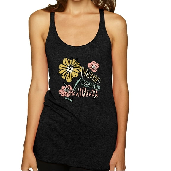 Wild Bobby Worship While You Wait Sunflower Pink and Yellow Inspirational/Christian Women Tri-Blend Racerback Tank Top, Vintage Black, Medium