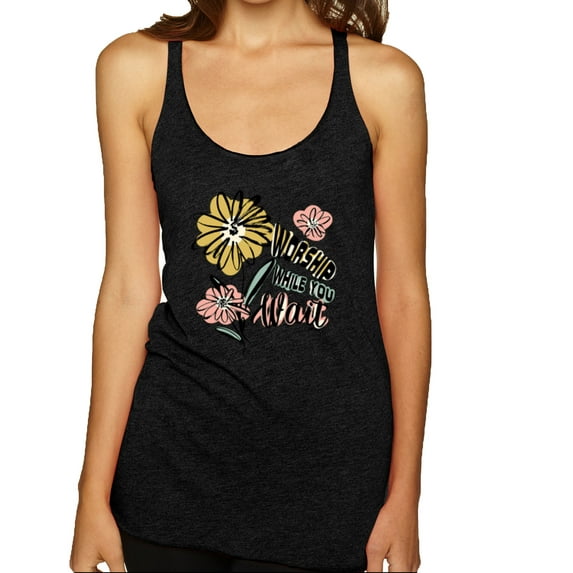 Wild Bobby Worship While You Wait Sunflower Pink and Yellow Inspirational/Christian Women Tri-Blend Racerback Tank Top, Vintage Black, Small