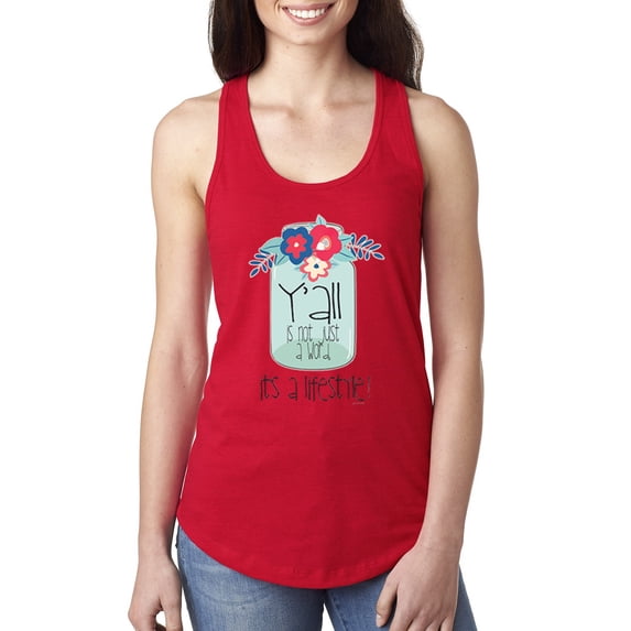 Wild Bobby, Y'all Is Not Word It's A Word Southern Artsy Jar with Flowers Pop Culture Ladies Racerback Tank Top, Red, Large