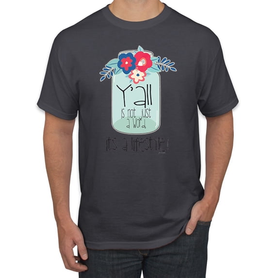 Wild Bobby, Y'all Is Not Word It's A Word Southern Artsy Jar with Flowers Pop Culture Men's Graphic T-Shirt, Charcoal, 5XL