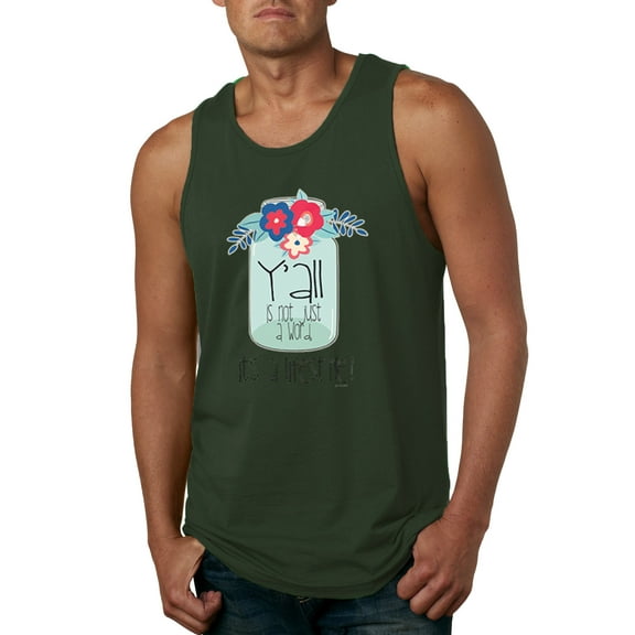 Wild Bobby, Y'all Is Not Word It's A Word Southern Artsy Jar with Flowers Pop Culture Mens Graphic Tank Top, Forest Green, 3XL