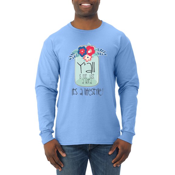 Wild Bobby, Y'all Is Not Word It's A Word Southern Artsy Jar with Flowers Pop Culture Mens Long Sleeve Shirt, Light Blue, Medium