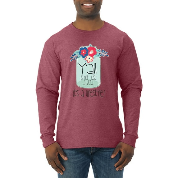 Wild Bobby, Y'all Is Not Word It's A Word Southern Artsy Jar with Flowers Pop Culture Mens Long Sleeve Shirt, Vintage Heather Red, 3XL