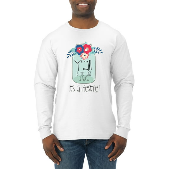 Wild Bobby, Y'all Is Not Word It's A Word Southern Artsy Jar with Flowers Pop Culture Mens Long Sleeve Shirt, White, 3XL