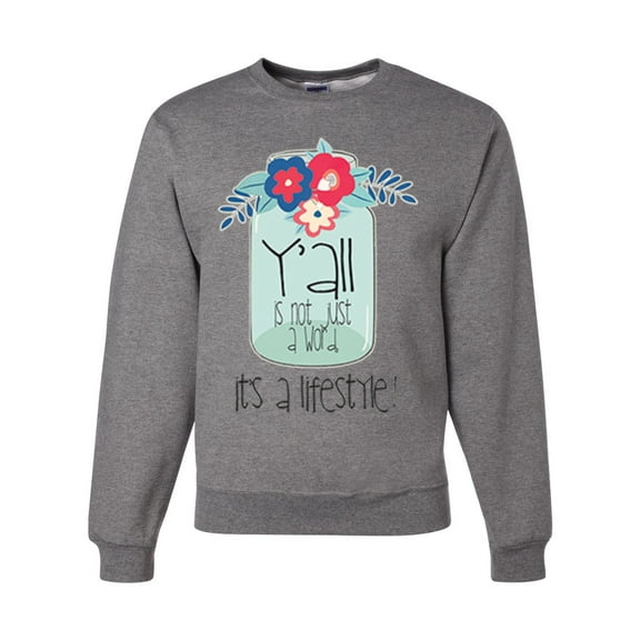 Wild Bobby, Y'all Is Not Word It's A Word Southern Artsy Jar with Flowers Pop Culture Unisex Crewneck Graphic Sweatshirt, Heather Grey, 3XL