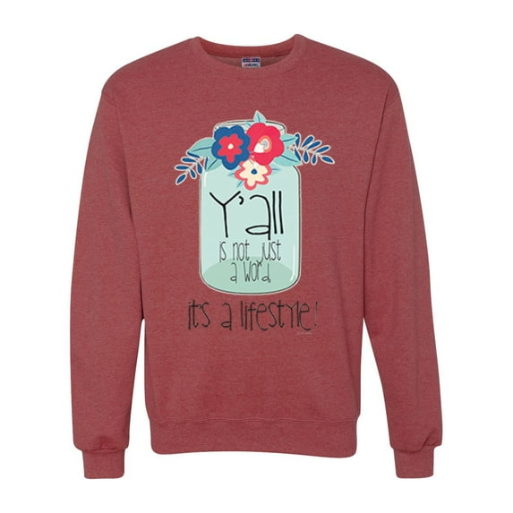 Wild Bobby, Y'all Is Not Word It's A Word Southern Artsy Jar with Flowers Pop Culture Unisex Crewneck Graphic Sweatshirt, Vintage Heather Red, 3XL