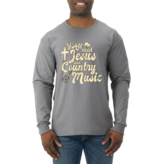 Wild Bobby, Y'all Need Jesus & Country Music, Pop Culture, Men Long Sleeve Shirt, Heather Grey, Large
