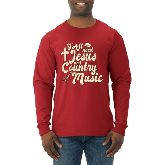 Wild Bobby, Y'all Need Jesus & Country Music, Pop Culture, Men Long Sleeve Shirt, Red, Large
