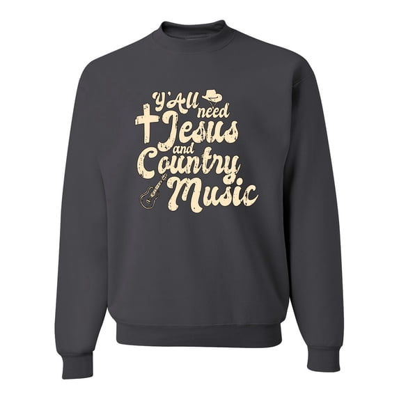 Wild Bobby, Y'all Need Jesus & Country Music, Pop Culture, Unisex Crewneck Graphic Sweatshirt, Charcoal, X-Large