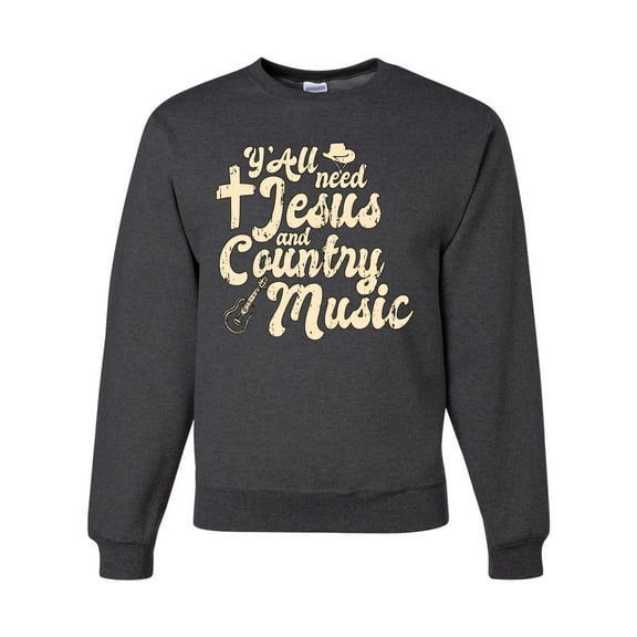 Wild Bobby, Y'all Need Jesus & Country Music, Pop Culture, Unisex Crewneck Graphic Sweatshirt, Heather Black, X-Large