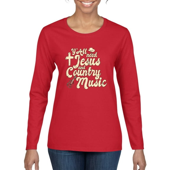 Wild Bobby, Y'all Need Jesus & Country Music, Pop Culture, Women Graphic Long Sleeve Tee, Red, Small