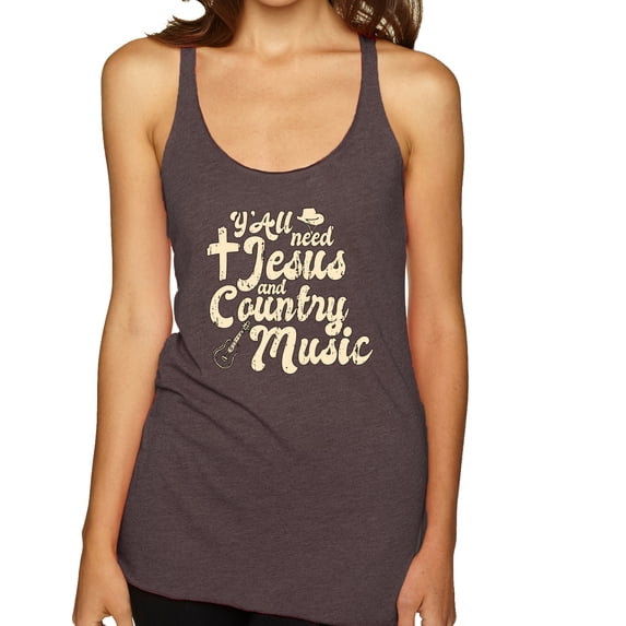 Wild Bobby, Y'all Need Jesus & Country Music, Pop Culture, Women Tri-Blend Racerback Tank Top, Brown, Small