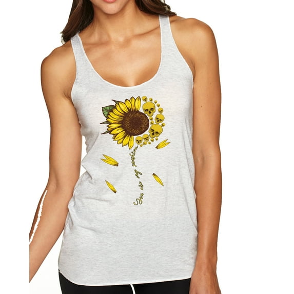 Wild Bobby, You Are My Sunshine Skull And Sunflower Inspirational/Christian Tri-Blend Racerback Tank Top, Heather White, Medium
