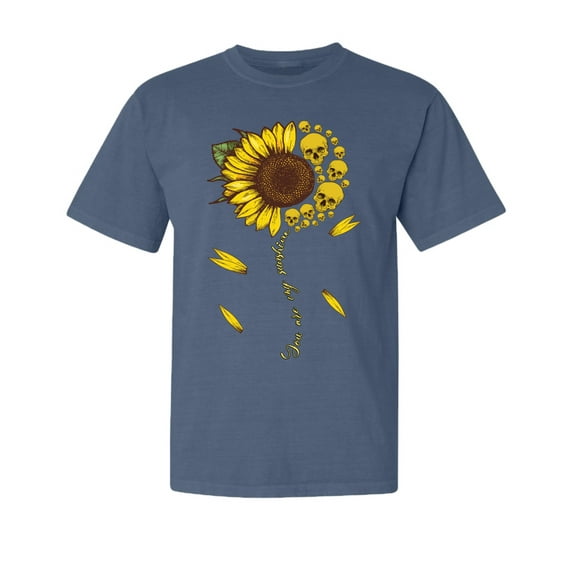 Wild Bobby,You are My Sunshine Skull and Sunflower, Streetwear, Garment-Dyed Washed Look Short Sleeve T-Shirt, Navy, 2XL