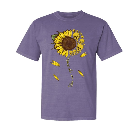 Wild Bobby,You are My Sunshine Skull and Sunflower, Streetwear, Garment-Dyed Washed Look Short Sleeve T-Shirt, Purple, Small