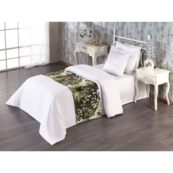 Wild Botany Bed Runner, Dreamy Jungle Leaves Silhouettes with Brush Strokes Back Print, Decorative Accent Bedding Scarf for Hotels Homes & Guest Rooms, Twin, Pistachio Green Champagne, by Ambesonne