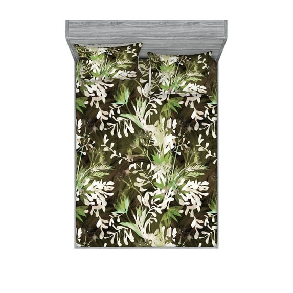 Wild Botany Fitted Sheet & Pillow Sham Set, Dreamy Jungle Leaves Silhouettes with Brush Strokes Back Print, Decorative Printed 3 Piece Bedding Decor, Queen, Pistachio Green Champagne, by Ambesonne