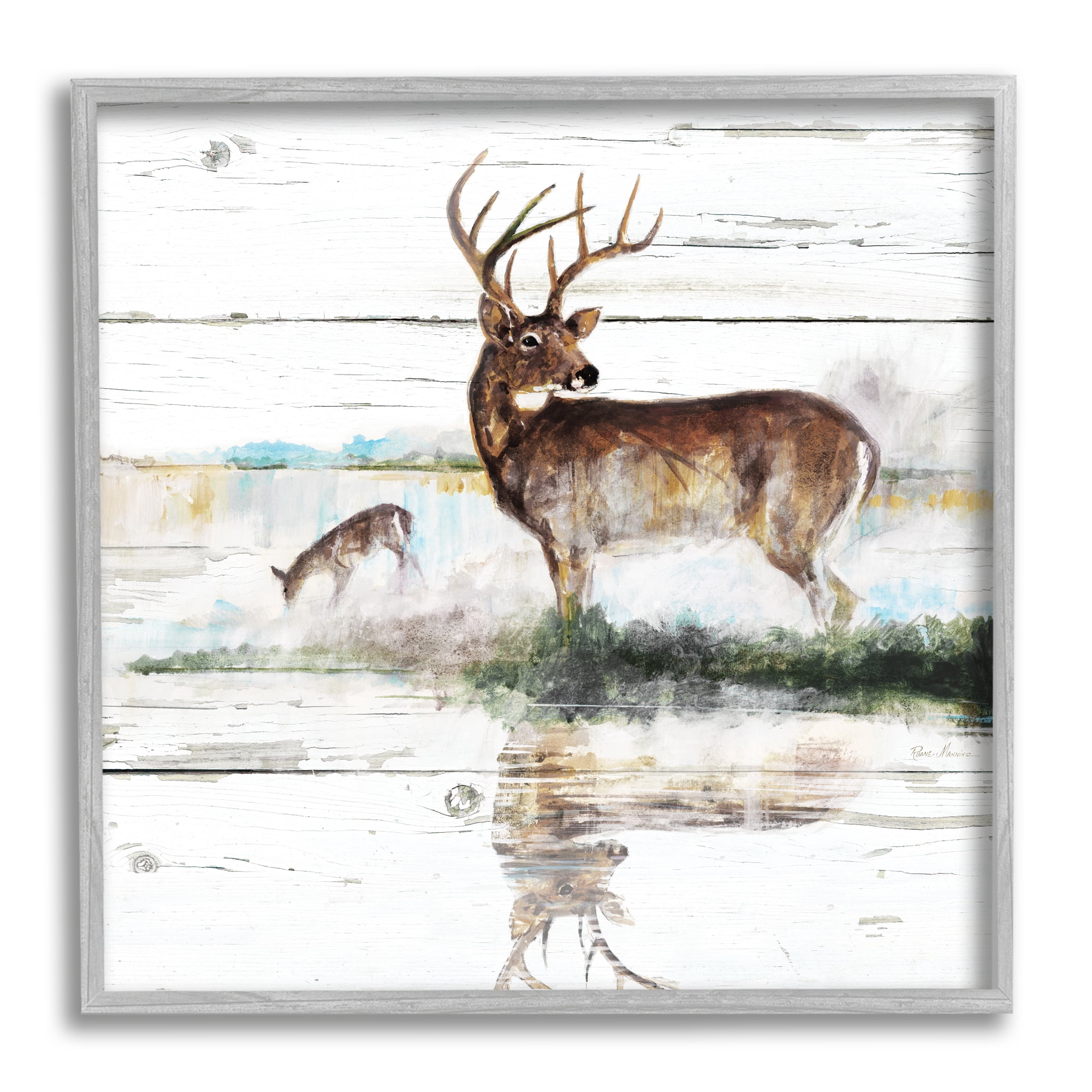Wild Buck Deer Watering Hole Forest Animal Reflection Animals & Insects Framed Art Print Wall Art, 17x17
