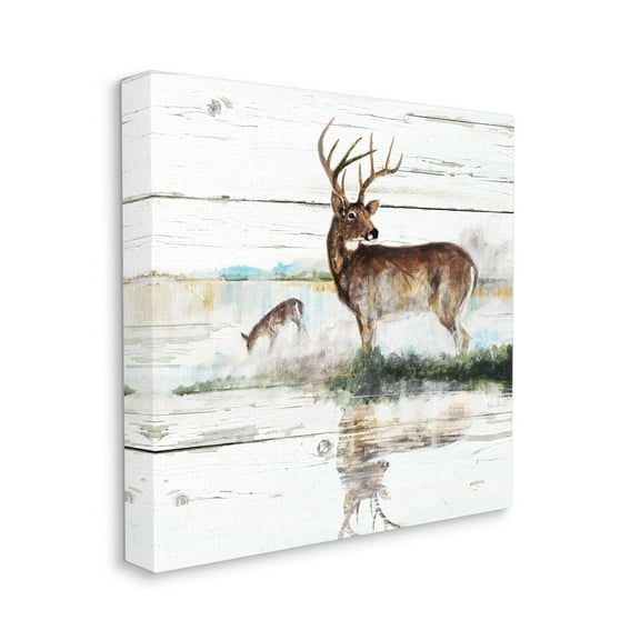 Wild Buck Deer Watering Hole Forest Animal Reflection Animals & Insects Gallery-Wrapped Canvas Print Wall Art, 17x17