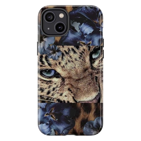 Wild Cat Blue Eyes Phone Case, Realistic Leopard Portrait Dark Flower Art Cover for iPhone 17 16 15 14 13 12 11 Plus Pro Max Mini
