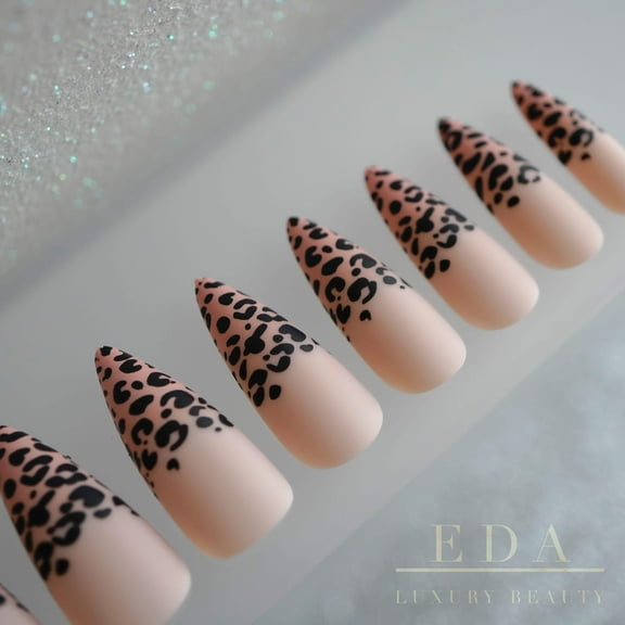 Matte Nude Animal Print French Press On Nails, Wild Cat, Extra Long Stiletto Fake Nails Set
