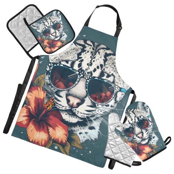 Wild Cat with Sunglasses 5 Pcs Kitchen Set Heat Resistant Oven Mitts and Non-Slip Pot Holders with Adjustable Cooking Apron
