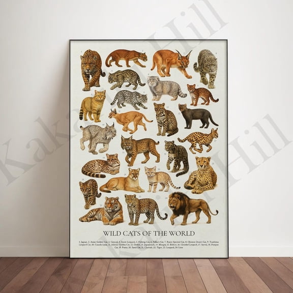 Wild Cats Of The World Poster, Retro Animal Identification Chart, Unframed Paper Poster 8x10in