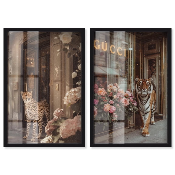 Wild Cats 2 Panel Set Shadowbox Print Lion Tiger Art Print by Art Remedy, Black Frame, 10 x 15