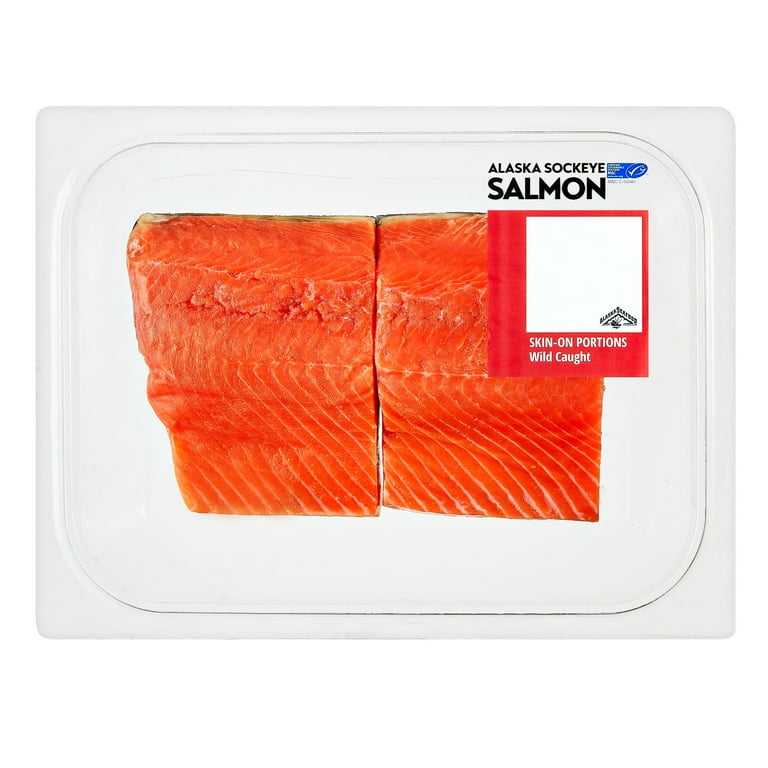 Wild Caught Alaska Sockeye Salmon Portions, 0.70 - 1.15 lb. (Tray). 25g  Protein per 4 oz. (113 g) Serving.