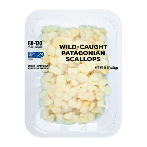 Wild Caught Patagonian Scallops, 80-120 Pieces (1lb Plastic Tray) Tree-Nut Free Sweet NO BRAND