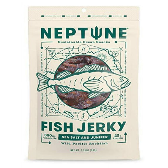 Wild Caught Rockfish Jerky - Smoked Sea Salt & Juniper - Neptune 2.2oz | Organic, Gluten-Free & Paleo | 25g Protein & 560mg Omega 3s | Sustainably Sourced from Small US Fisheries